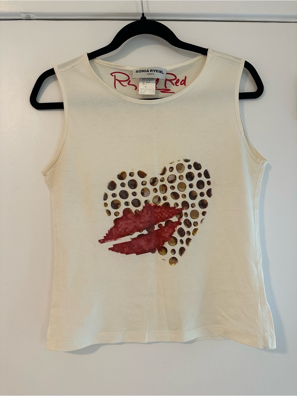 Sonia Rykiel Cream Tank with Heart Studs and Red Lip Print